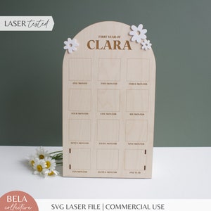 SVG Daisy primeiro ano do bebê suporte de foto em arco de doze meses | Arquivo laser de marcos de imagem de um ano | Decoração moderna para bebês | Arquivo de corte Glowforge