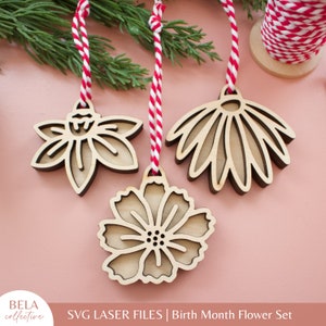 SVG Birth Month Flower Ornaments | Personalized 3D Wood Laser Cutting | Christmas Holiday Gift | Custom Festive Christmas Tree Decor