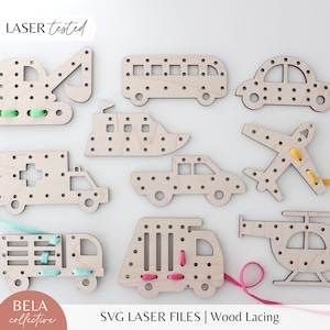 SVG Transport Schnürung Bretter Datei Set für Laserschneiden, Glowforge Autos Lastwagen Bauwesen, Montessori Nähen Stickerei Kinder Handwerk Set