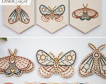 SVG Set of 3 Moth Yarn Sewing Patterns for Laser Cutting | Embroidery Stitches Kids Sewing Project | Craft Kit Modern DIY | Glowforge File