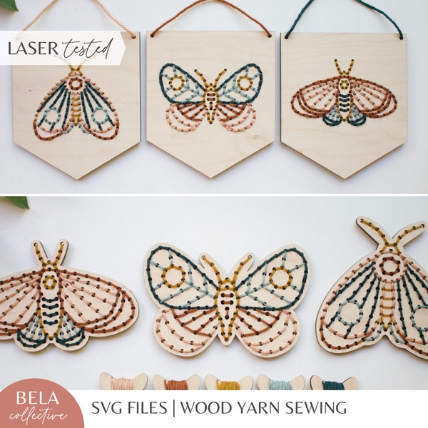 SVG Set of 3 Moth Yarn Sewing Patterns for Laser Cutting | Embroidery Stitches Kids Sewing Project | Craft Kit Modern DIY | Glowforge File