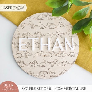 SVG-Set von Dinosaurier-Scoring-Runden | Personalisiertes Namensschild für Jungen und Mädchen | Holz Kinderwandkunst | Digitale Schnittdatei Glowforge Laser