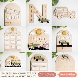 SVG-collectie vintage SUV babynaambord | Acryl snijbestand voor lasersnijden | Moderne bergen babyhoutdecor | Geboortestatistieken aanpassen