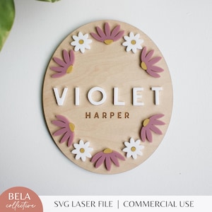 Cartello con nome floreale SVG per bambino / File di taglio acrilico per taglio laser / Arredamento moderno in legno per bambini Daisy Aster / Personalizza segno personalizzato