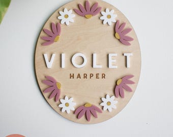 SVG Floral Baby Name Sign | Acrylic Cut File for Laser Cutting | Daisy Aster Modern Baby Wood Decor | Customize Personalized Sign