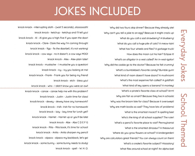 May include: A colourful printable poster with a list of school-themed jokes. The poster has a red, white, and blue colour scheme and features the text "Everyday Jokes" and "School Themed".