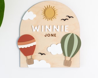 SVG Hot Air Balloon Baby Name Sign | Acrylic Cut File for Laser Cutting | Modern City Baby Wood Decor | Customize Personalized Sign