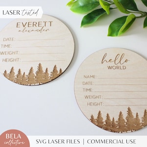 Statistiques de naissance nouveau-né SVG sur le thème de la forêt, faire-part de nom fichier numérique pour laser Glowforge, région boisée sans distinction de sexe