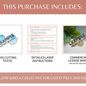May include: This digital download includes an SVG cutting file, detailed laser instructions, and a commercial license image. The image shows an example of a pair of earrings with a seashell design, and a pair of earrings with a gold leaf design.