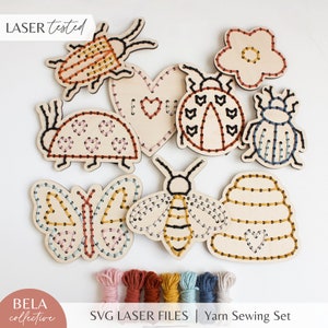 Set SVG di Love Bugs, ricamo in filato, set da cucito per taglio laser / Progetto di cucito per bambini / Kit artigianale fai da te moderno / File di taglio Glowforge