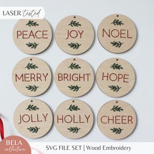 SVG 9 patrones de bordado de adornos para corte por láser, sufrimiento de medias, kit de proyecto para principiantes Glowforge, archivo de corte personalizado Noel Joy Peace