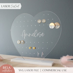 Suporte para brincos de coração, arquivos SVG cortados a laser para Glowforge, projeto para iniciantes, suporte para joias personalizado, exibição personalizada de brincos pendurados
