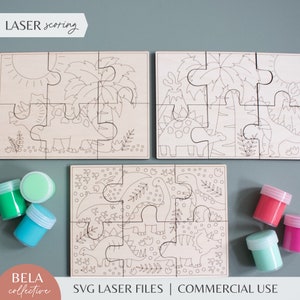 Set SVG di 3 puzzle di dinosauri verniciabili/Kit di bomboniere per feste di compleanno in legno/Genere neutro per ragazzi/Arte da parete per bambini/File di taglio Laser Glowforge