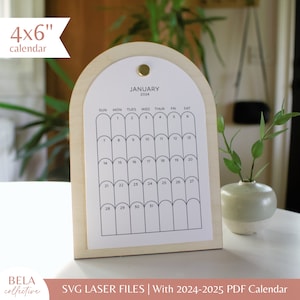 SVG staande desktop houten kalender | 4 x 6 inch 2024 en 2025 afdrukbare pdf-maanden | Minimalistisch houten kantoordecor | Eenvoudig lasersnijpatroon