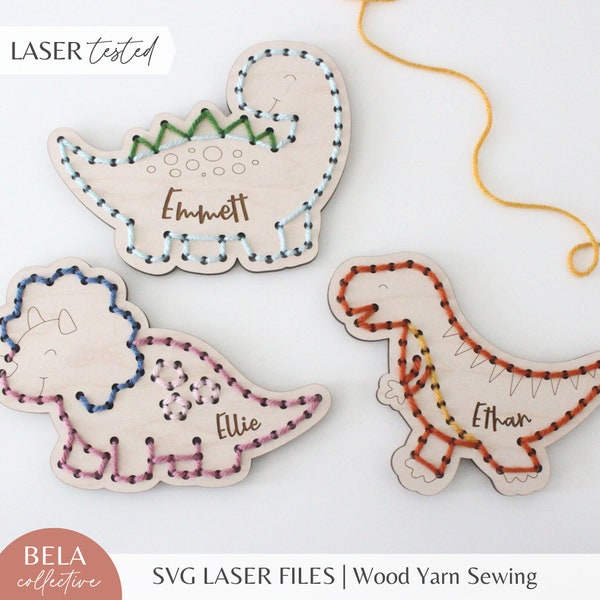 SVG Dinosaur Set Yarn Embroidery Sewing Set for Laser Cutting, Kids First Sewing Project, Craft Kit Modern DIY, Glowforge Cut File