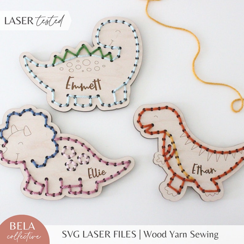 SVG Dinosaur Set Yarn Embroidery Sewing Set for Laser Cutting, Kids First Sewing Project, Craft Kit Modern DIY, Glowforge Cut File image 1