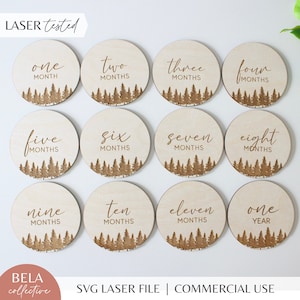 Ensemble SVG d'étapes importantes du mois pour bébé sur le thème de la forêt, rondins en bois, fichier de découpe numérique pour laser Glowforge, boisé neutre entre les sexes PNW