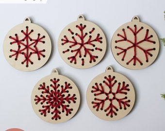SVG Snowflake Ornament Yarn Embroidery Sewing Set for Laser Cutting, Kids First Sewing Project, Christmas Craft Kit, Glowforge Cut File