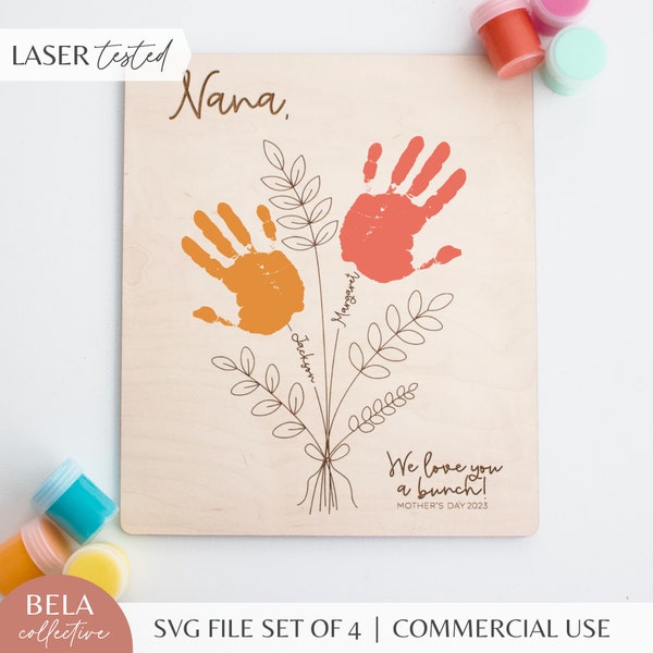 SVG Mors dag handavtryck skylt set om 4 | Trä handavtrycksbukett | Träbarnpresent till mamma mormor | Glowforge laserskärningsfiler