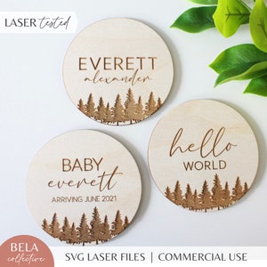 Baby Ankündigung SVG Set im Themenwald, Name offenbaren Hallo Welt, Digitalschnittdatei für Glowforge Laser, Gender Neutral Woodland PNW