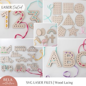 SVG Lacing Boards File Bundle For Laser Cutting, Glowforge Cars Trucks Construction, Montessori Sewing Embroidery Kids Craft Set