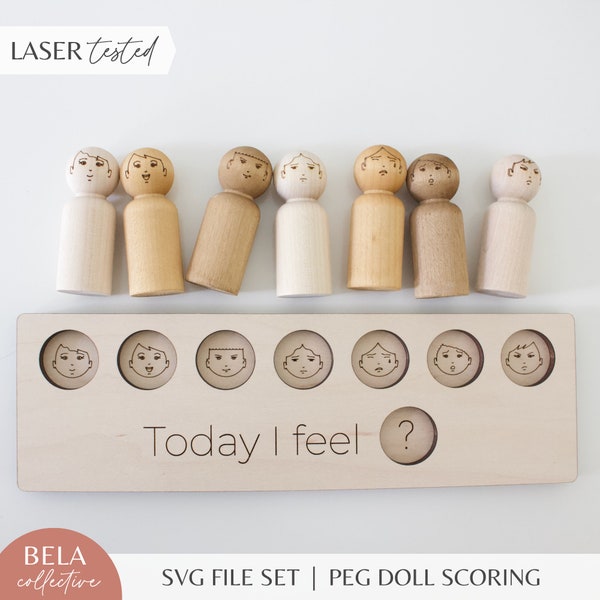 Emotion Faces marquant sur des poupées Peg (fr) | Fichier numérique SVG Impression laser Glowforge | Lime à découper éducative multiculturelle pour jouet en bois Montessori