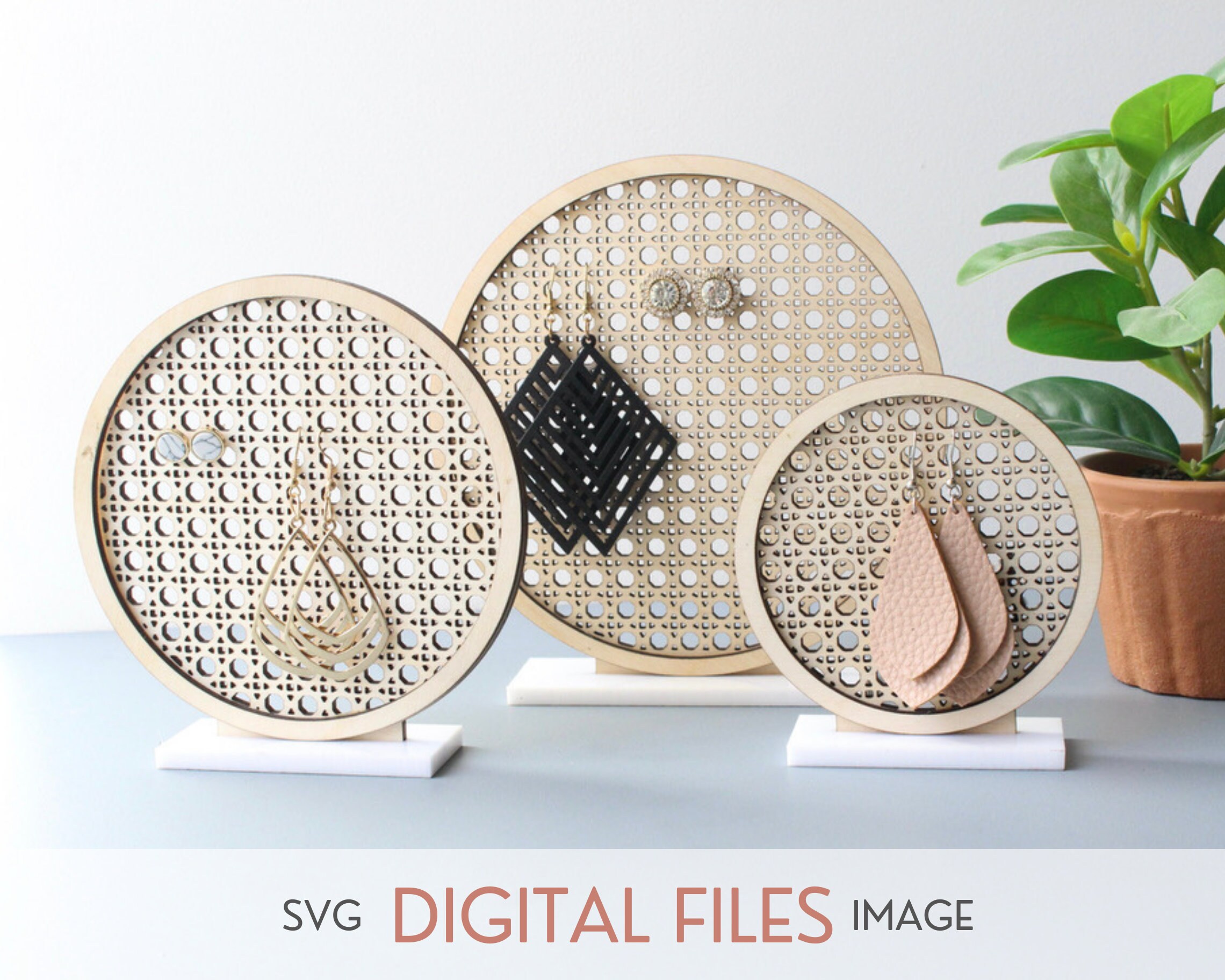 SVG Rattan Travel Earring Holders Set of 4 Laser Cut Files for Glowforge,  Stud Earring Holder Minimalist Jewelry Display Stands for Earrings 