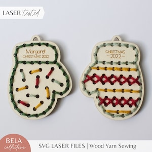SVG Mitten Ornaments Yarn Embroidery Sewing Set for Laser Cutting, Kids First Sewing Project, Christmas Craft Kit, Glowforge Cut File