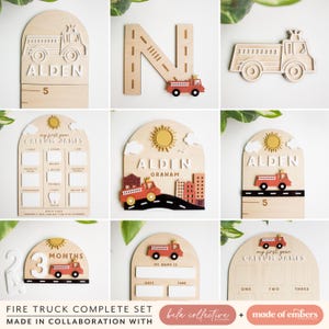 SVG brandweerwagen collectie babynaambordjes | Acryl snijbestand voor lasersnijden | Moderne stad babyhoutdecor | Bord met geboortestatistieken aanpassen