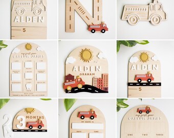 SVG Fire Truck Baby Name Sign Collection | Acrylic Cut File for Laser Cutting | Modern City Baby Wood Decor | Customize Birth Stats Sign