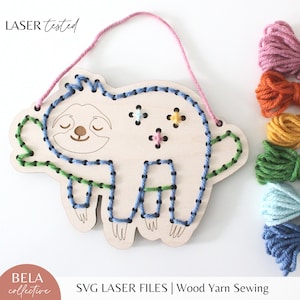 Set da cucito ricamo filato bradipo SVG per taglio laser, primo progetto di cucito per bambini, kit artigianale fai da te moderno, file di taglio Glowforge