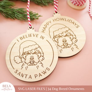 34 hondenras ornamenten SVG-bestanden set | Lasergravure Merry Woofmas Happy Howlidays I Believe In Santa Paws | Houten kerstornamenten voor huisdieren