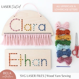Set da cucito ricamo filato con nome personalizzato SVG per taglio laser, primo progetto di cucito per bambini, kit artigianale fai da te moderno, file di taglio Glowforge