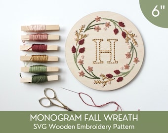 SVG Monogram Fall Wreath Embroidery Patterns For Laser Cutting, Glowforge Beginner Project Kit, Customized Cut File, Embroidery Kit Set