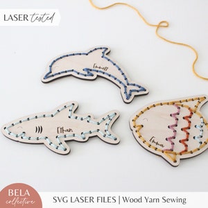 SVG oceaan dieren set garen borduurwerk naaiset voor lasersnijden, kinderen eerste naaiproject, Craft Kit moderne DIY, Glowforge gesneden bestand