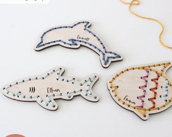 SVG Ocean Animals Set Yarn Embroidery Sewing Set for Laser Cutting, Kids First Sewing Project, Craft Kit Modern DIY, Glowforge Cut File