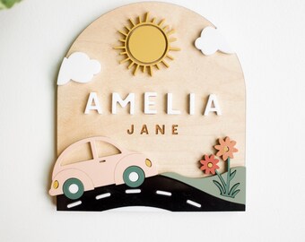 Classic Car Baby Name Sign SVG: Floral Wood Decor Laser Cut File