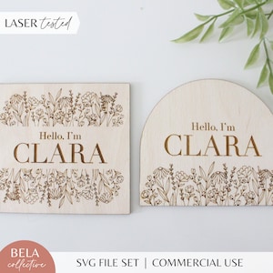SVG Holz Geburtsanzeige, ich bin hier - Wildblumen Thema - Digital Cut File für Glowforge Laser, Kinderzimmer Dekor, Mid Century Modern