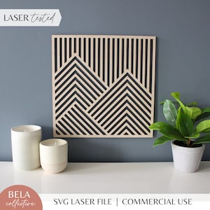 Glowforge 用マウンテン ウォール アート SVG レーザー カット ファイル、幾何学的なモダンな木製装飾、ミッド センチュリー モダン ウォール ハンギング