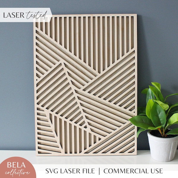 Arte de línea de madera geométrica SVG Archivo de corte láser para Glowforge, decoración de madera rectangular moderna, colgante de pared moderno de mediados de siglo