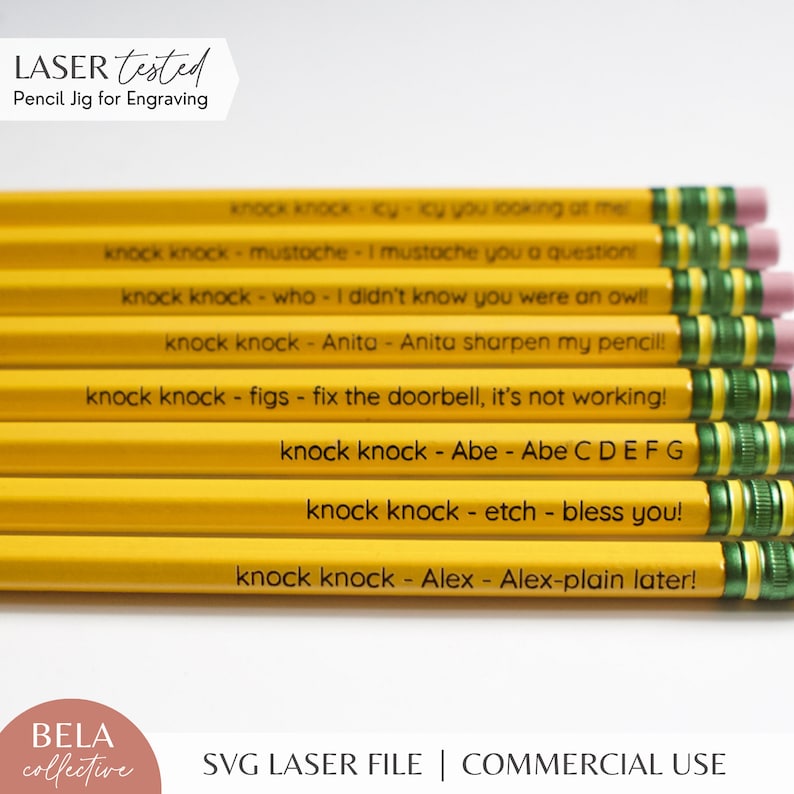 May include: A set of eight yellow pencils with green and pink accents. Each pencil has a different knock knock joke engraved on it. The text on the pencils reads: "knock knock - cy - cy you looking at me", "knock knock - mustache - I mustache you a question", "knock knock - who - I didn't know you were an owl!", "knock knock - Anita - Anita sharpen my pencil!", "knock knock - figs - fix the doorbell, it's not working!", "knock knock - Abe - Abe C D E F G", "knock knock - etch - bless you!", "knock knock - Alex - Alex-plain later!"