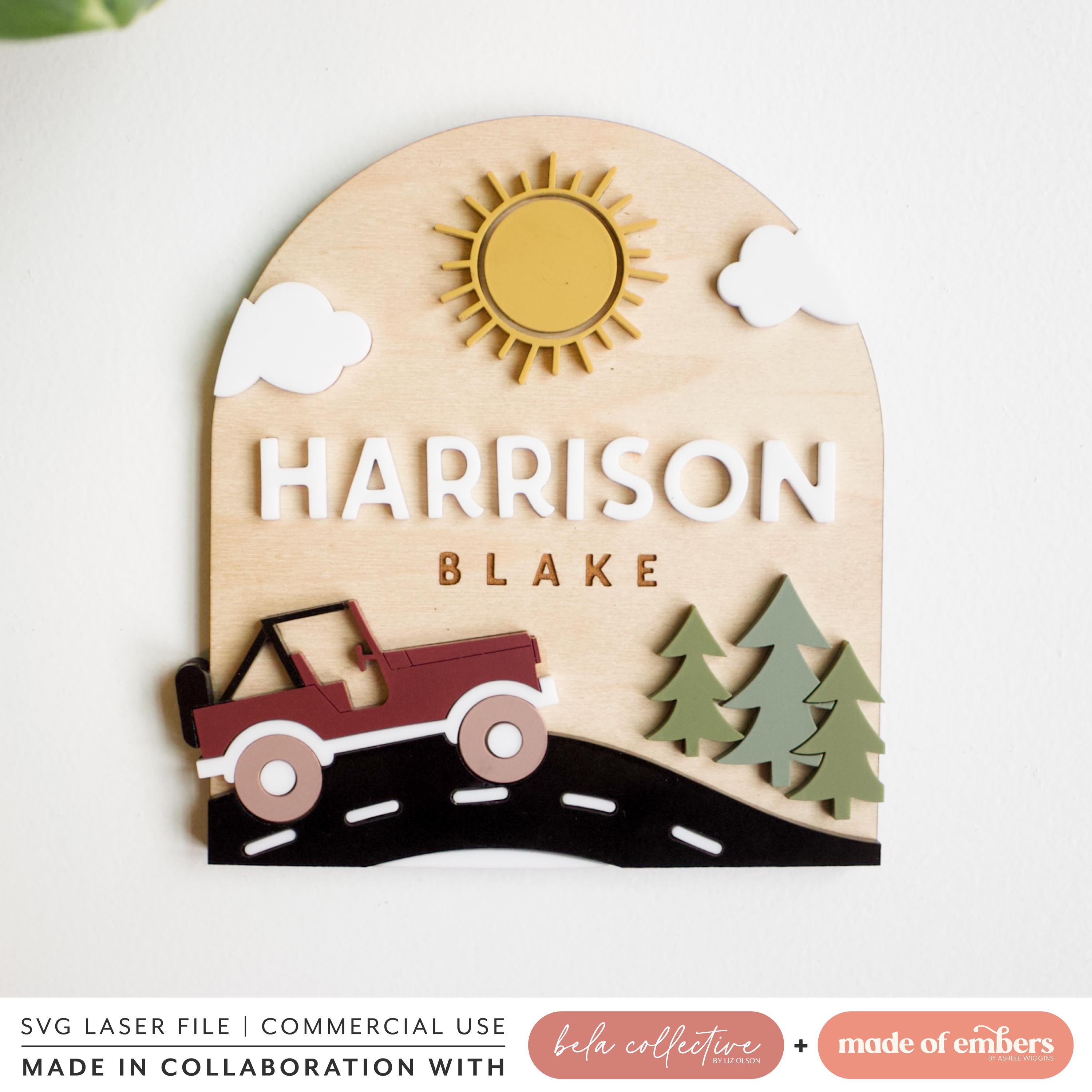SVG Vintage Off Roader Baby Name Sign | Acrylic Cut File for Laser Cutting | Modern PNW Woods Baby Wood Decor | Customize Birth Stats
