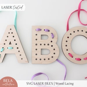 SVG Alphabet Lacing Boards File Set For Laser Cutting, Glowforge Beginner Project Kit, Montessori Sewing Embroidery Kids Craft Set