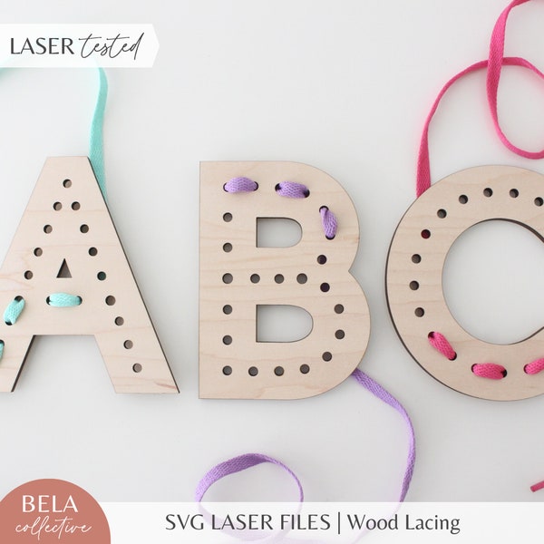 SVG Alphabet Lacing Boards File Set For Laser Cutting, Glowforge Beginner Project Kit, Montessori Sewing Embroidery Kids Craft Set