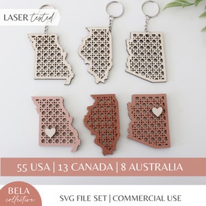 SVG Rattan Cane Locations USA States Australia Canada Laser Cut Files for Glowforge, Boho State Shape Outline For Keychains and Magnets