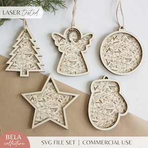 PUNTEGGIO Set di file SVG per ornamenti floreali invernali / Taglio laser del legno Glowforge / Set di ornamenti per guanti da albero di Natale con stelle e angeli