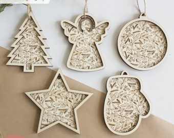 SCORING Winter Floral Ornament Shapes SVG Files Set | Glowforge Laser Cutting Wood | Christmas Holiday Star Angel Tree Mitten Ornaments Set