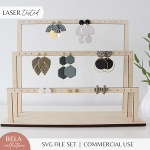 Soporte de exhibición de aretes de 3 barras grande SVG, archivo cortado con láser para Glowforge, soporte de aretes de madera con tablero de clavijas personalizado, proyecto para principiantes, feria de exhibición de artesanías
