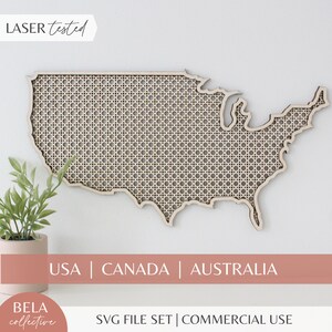 SVG rotanriet landcontouren van de VS Australië Canada Lasergesneden bestanden voor Glowforge, Boho Amerika vormoverzicht hangende kunst aan de muur