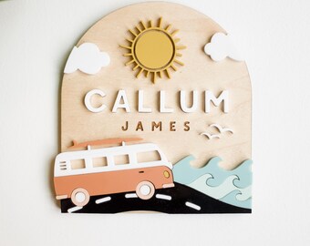 SVG Vintage Van Baby Name Sign | Acrylic Cut File for Laser Cutting | Modern PNW Cali Ocean Beach Baby Wood Decor | Customize Birth Stats